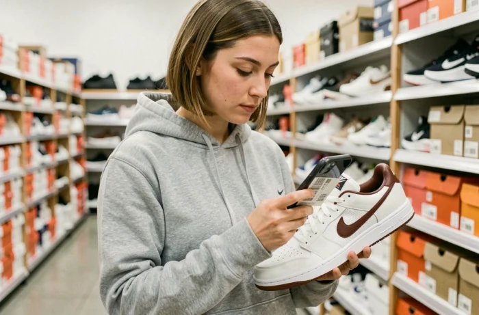 Femme scannant le code barre d'une chaussure Nike avec son smartphone en magasin