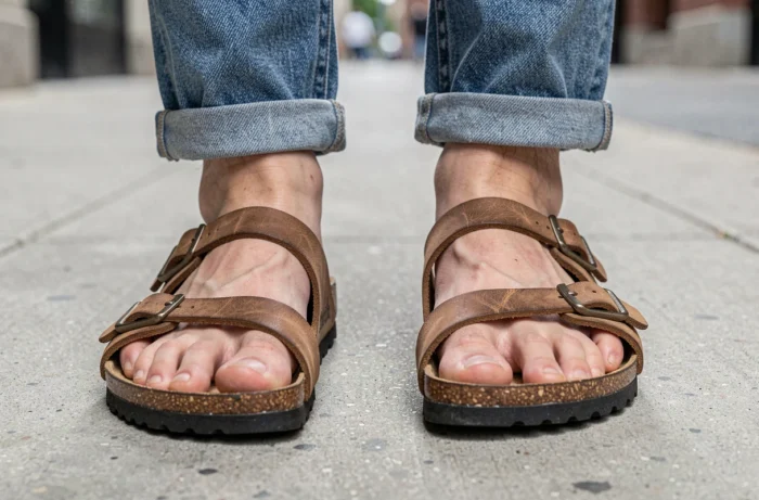 Gros plan sur une sandale Billowy et une Birkenstock portées côte à côte sur un trottoir urbain