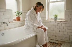 Femme contemplative assise au bord d'une baignoire dans une salle de bain sereine, symbolisant la réflexion spirituelle après une chute