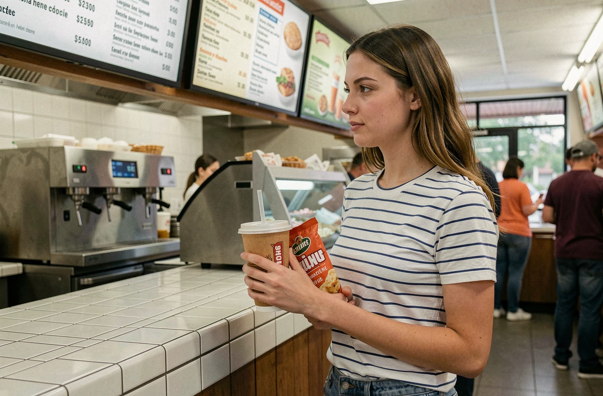 Jeune femme consultant le menu d'un snack bar à l'intérieur du parc Mer de Sable, tenant une boisson et un encas