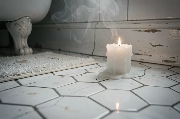 Sol de salle de bain avec carrelage ancien, tapis déplacé et bougie, évoquant la symbolique spirituelle d'une chute
