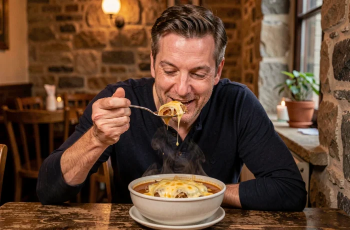 Homme dégustant une soupe à l'oignon gratinée au gruyère dans un cadre chaleureux de type bistrot français