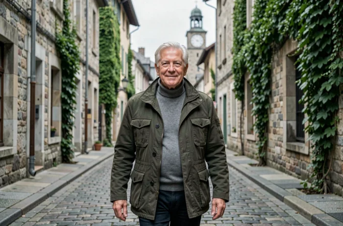 Homme senior marchant avec détermination dans une vieille rue pavée européenne, symbolisant la vitalité et les nouveaux projets après la retraite en 2026