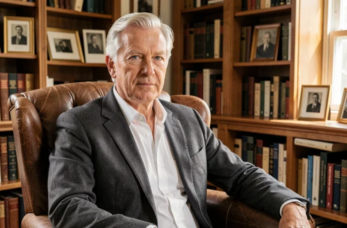 Portrait d'un homme senior distingué aux cheveux argentés assis dans une bibliothèque élégante, illustrant un article sur l'âge et les projets de Stone en 2026