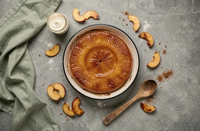 Vue de dessus d'une tarte tatin maison aux pommes caramélisées sur une surface en pierre grise avec crème fraîche et épices