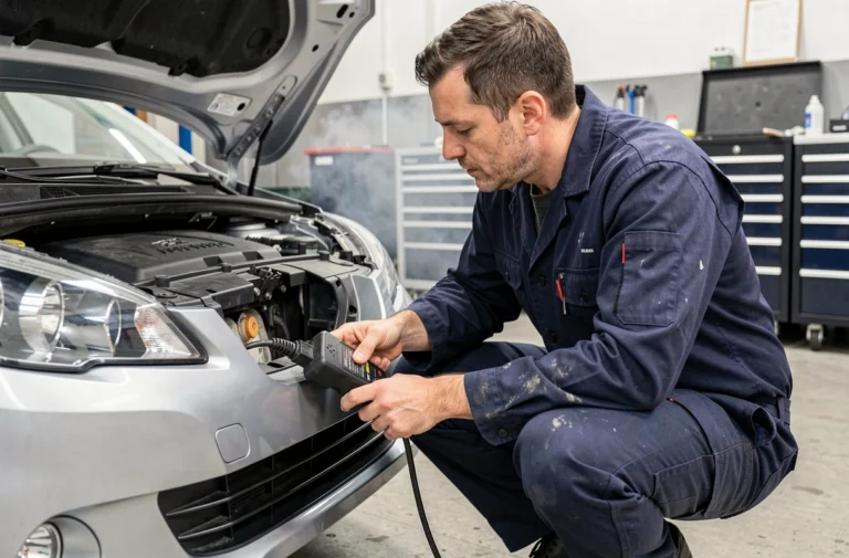 Technicien automobile connectant un scanner OBD-II sous le tableau de bord d'une Peugeot pour lire le code défaut P2563