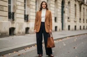 Femme élégante portant un blazer camel oversize et un pantalon large marine sur un trottoir parisien en automne, style mode moderne et sophistiqué