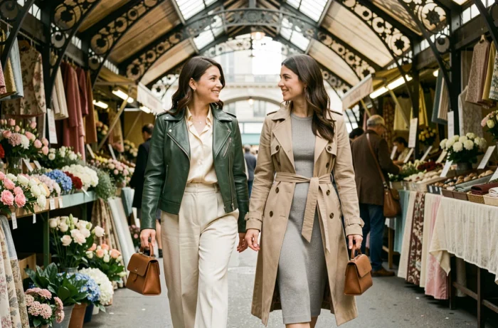 Deux femmes élégantes en veste en cuir verte et trench coat beige marchant dans un marché couvert parisien, tendances mode printanières et modernes