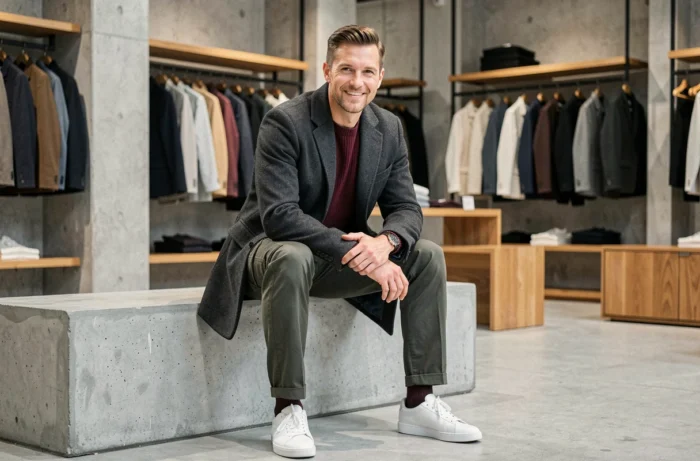 Homme en manteau charcoal et pull bordeaux assis dans un concept store moderne, tendance mode masculine élégante et contemporaine