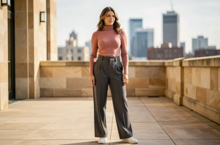 Femme moderne en tenue casual-chic sur terrasse urbaine, conseils mode printemps pour femmes élégantes