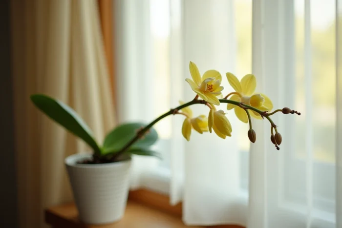 Tige d'orchidée qui jaunit progressivement dans un pot en céramique blanche posé sur un rebord de fenêtre en bois
