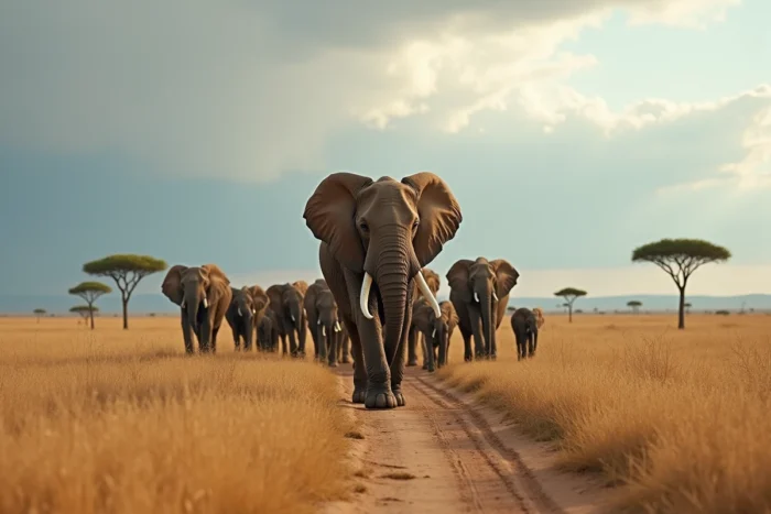 Troupeau d'éléphants d'Afrique traversant la savane sous un ciel nuageux, faune sauvage africaine