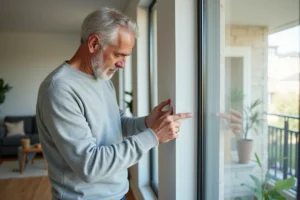 Propriétaire vérifiant le joint d'un double vitrage dans un appartement moderne pour contrôler sa conformité réglementaire