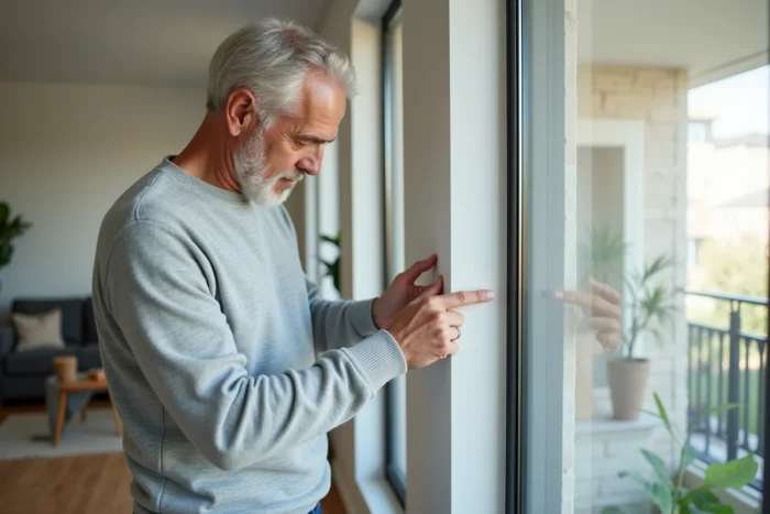 Propriétaire vérifiant le joint d'un double vitrage dans un appartement moderne pour contrôler sa conformité réglementaire