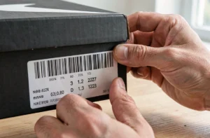 Mains tenant une boîte Nike avec étiquette code barre visible pour vérification d'authenticité