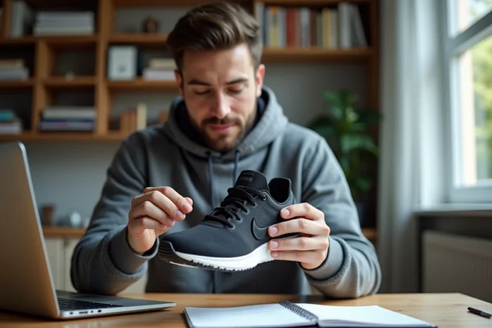 Homme inspectant la semelle d'une Nike pour vérifier son authenticité, processus d'identification d'une vraie paire de sneakers