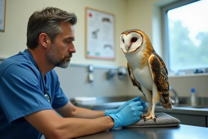 Vétérinaire examinant une chouette effraie sauvage dans une clinique de réhabilitation animalière
