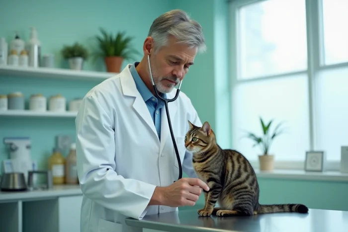 Vétérinaire examinant un chat tigré sur une table d'examen dans une clinique vétérinaire moderne, représentant les soins médicaux couverts par une assurance animaux