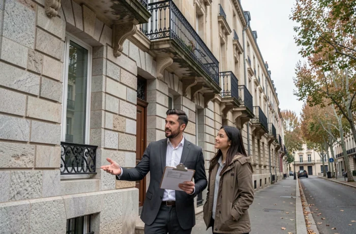 Agent immobilier de l'agence Dumoulin 87 faisant visiter un bien immobilier en pierre typique de Limoges à des acquéreurs potentiels