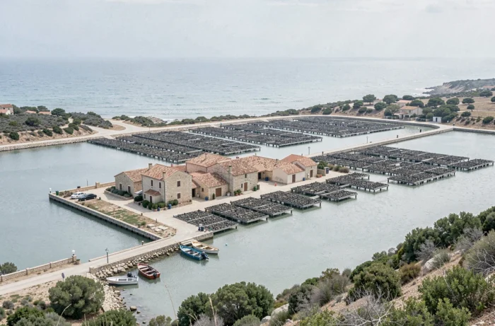 Vue panoramique d'un mas ostréicole et de ses tables d'huîtres sur l'étang de Thau près de Sète, décor de Demain nous appartient