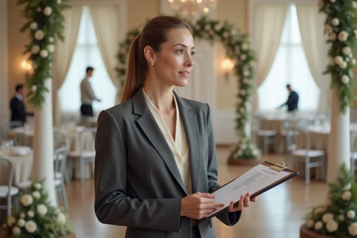 Wedding planner professionnelle supervisant les derniers préparatifs d'une réception de mariage dans une salle de réception élégante